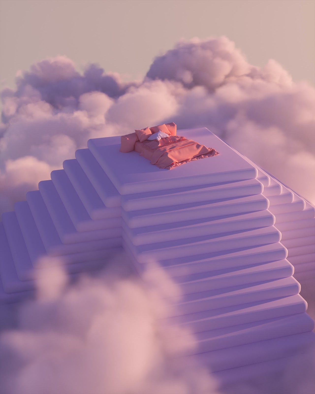 3D modelling – bed on the stairs in the clouds