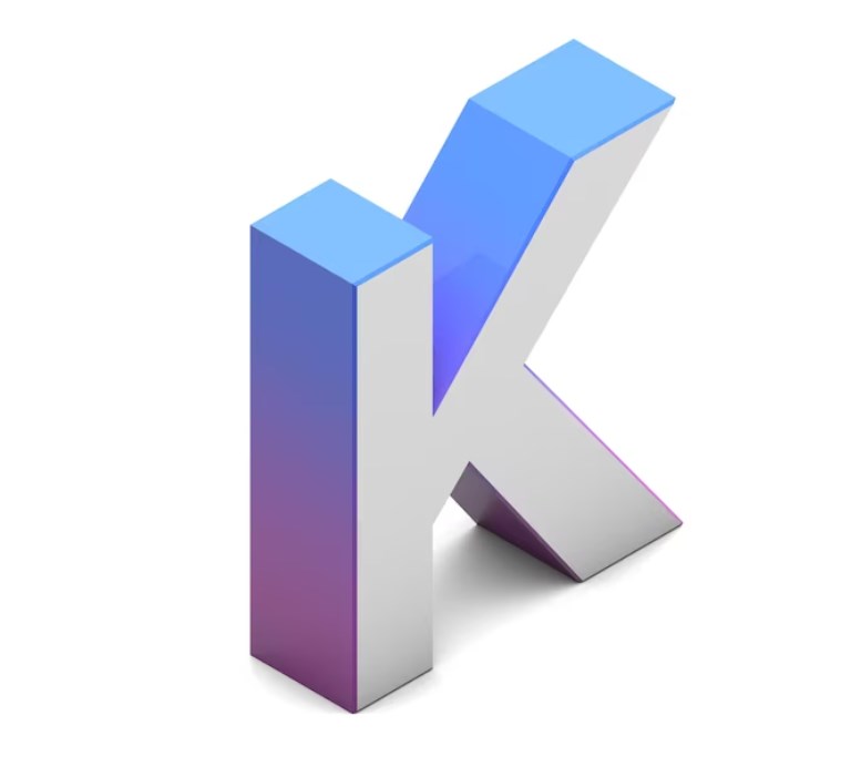 an isometric "K" letter with pink-blue gradient