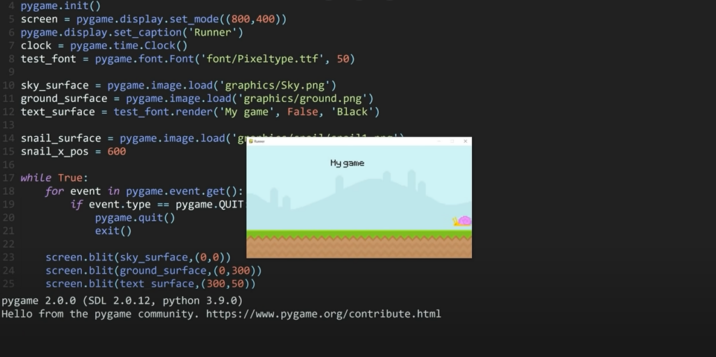 Screenshot of Python's Pygame library, showcasing code snippets and an overlay of a running game