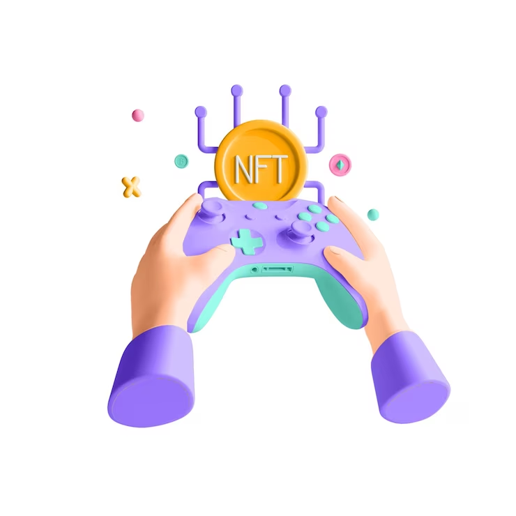 hands holding a coin-adorned controller with the letters "NFT”