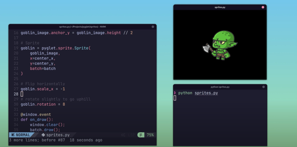 Python's Pyglet framework displaying visible code segments and characters in action