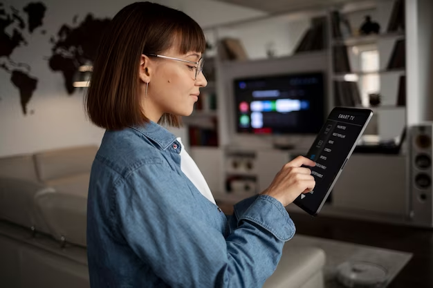 Girl works holding a tablet