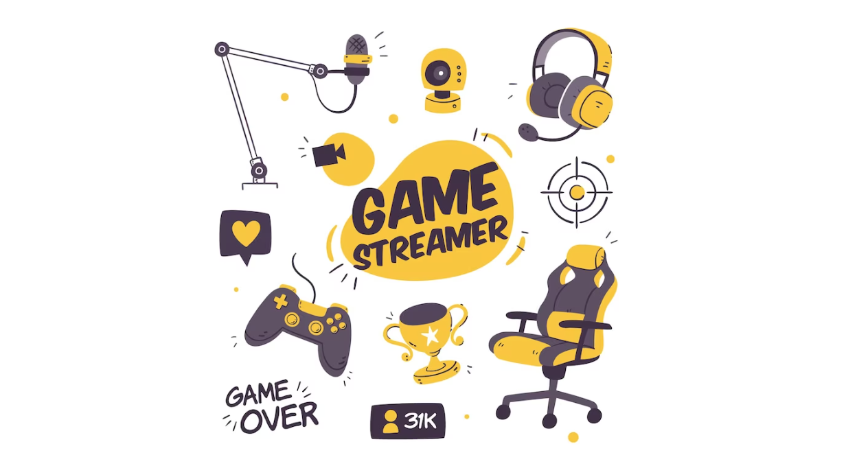 game streamer words surrounded by gaming tools